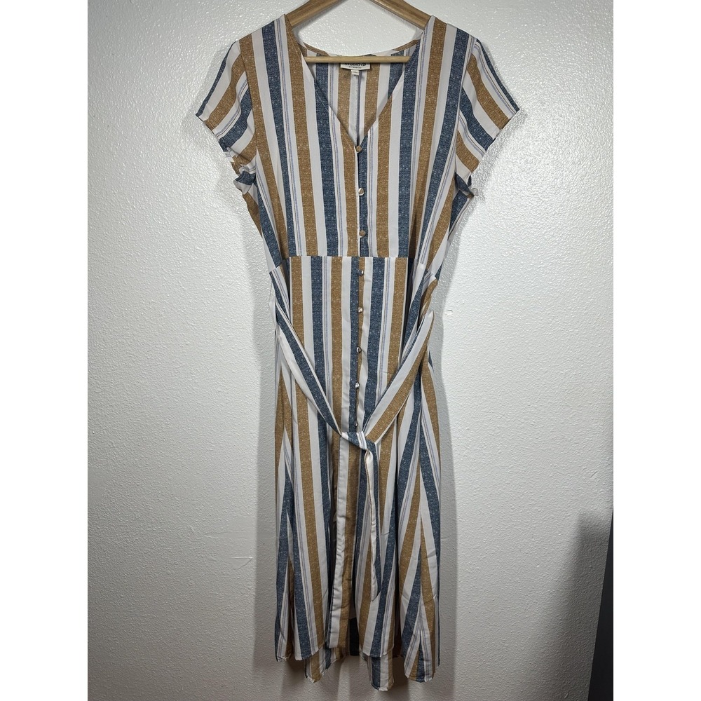 Bobeau Studio B Dress Womens Medium Blue Tan Striped Button Front Tie Waist‎